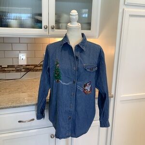 Christmas Denim Shirt Embroidery *Nutcracker Brand Size Small Snowman Tree